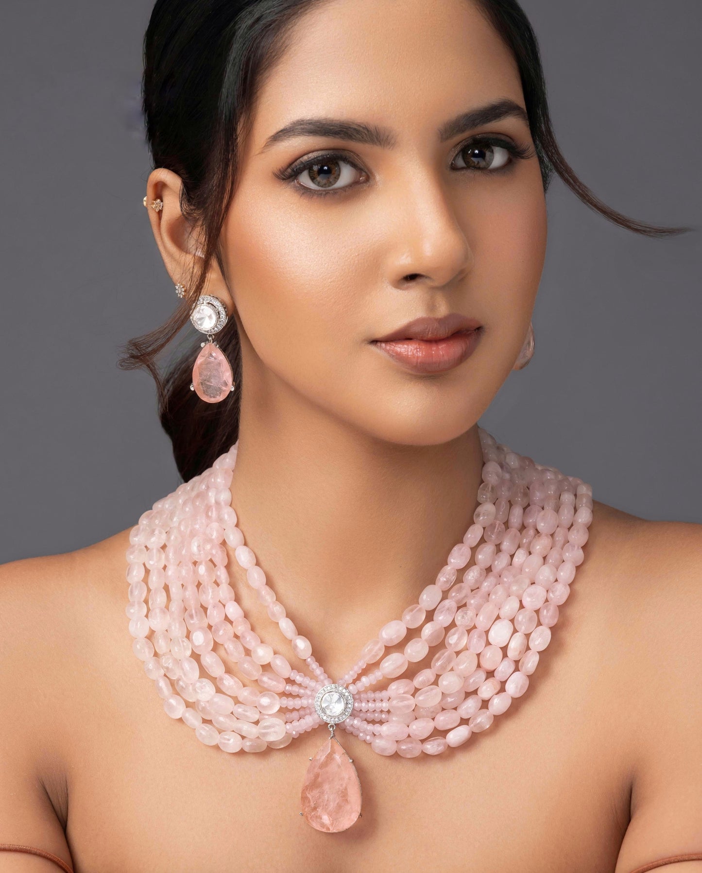 Regal Blush Pink Beaded Necklace Set with Crystal Drop