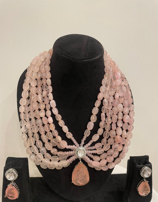 Regal Blush Pink Beaded Necklace Set with Crystal Drop