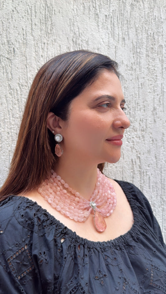 Regal Blush Pink Beaded Necklace Set with Crystal Drop