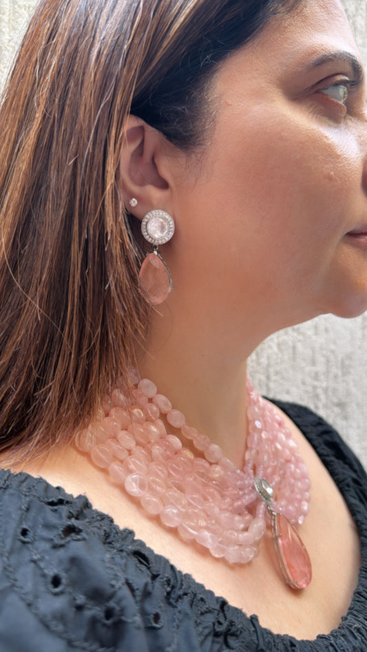 Regal Blush Pink Beaded Necklace Set with Crystal Drop