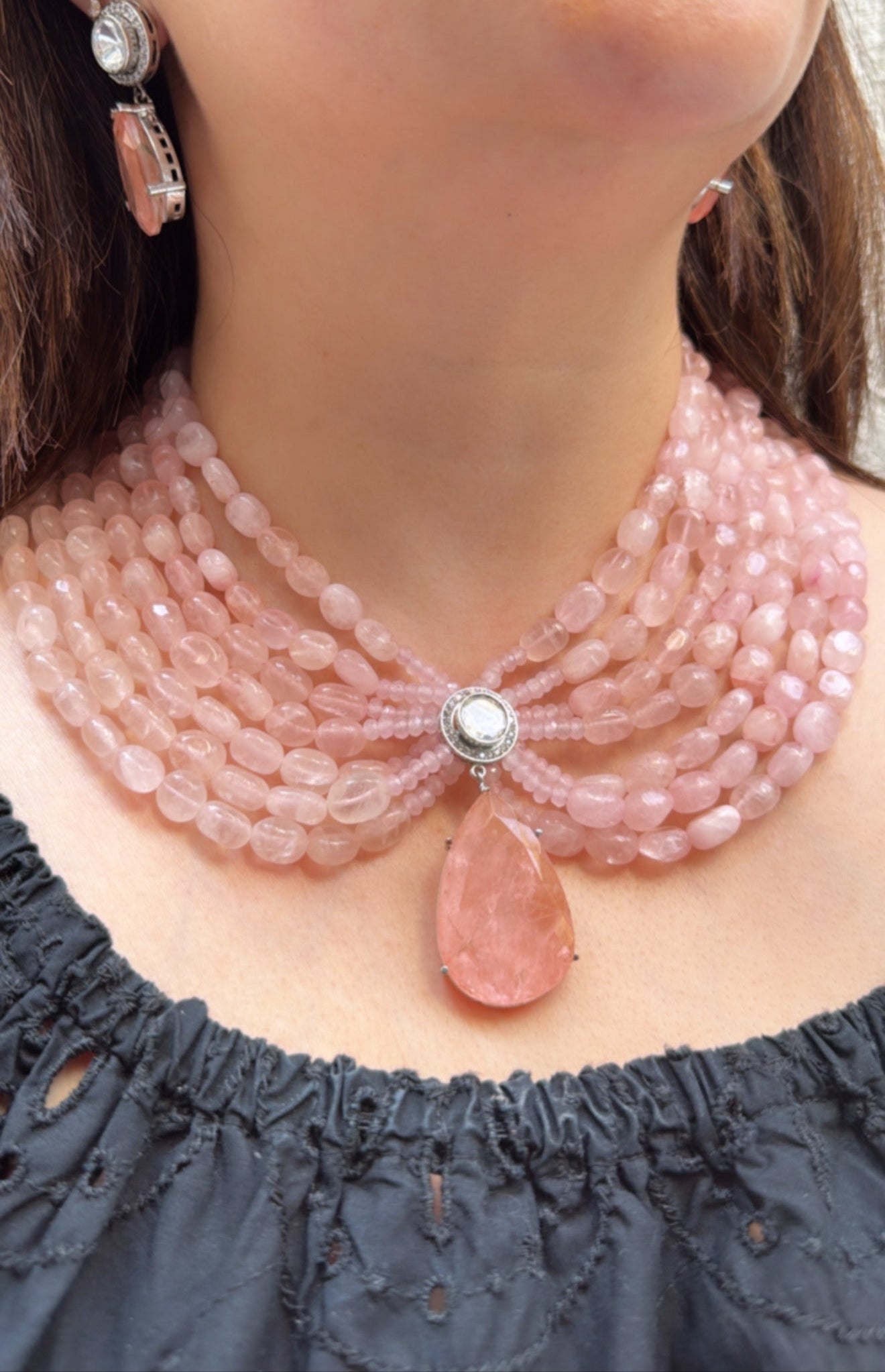 Regal Blush Pink Beaded Necklace Set with Crystal Drop