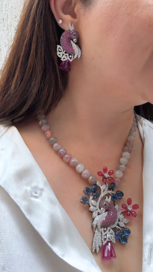 Studded Nature Inspired Motif Beaded Long Necklace Set