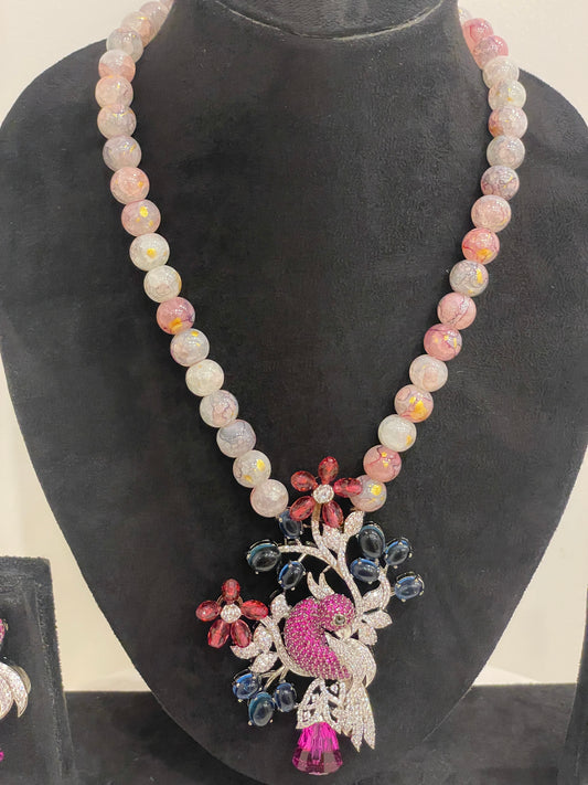 Studded Nature Inspired Motif Beaded Long Necklace Set