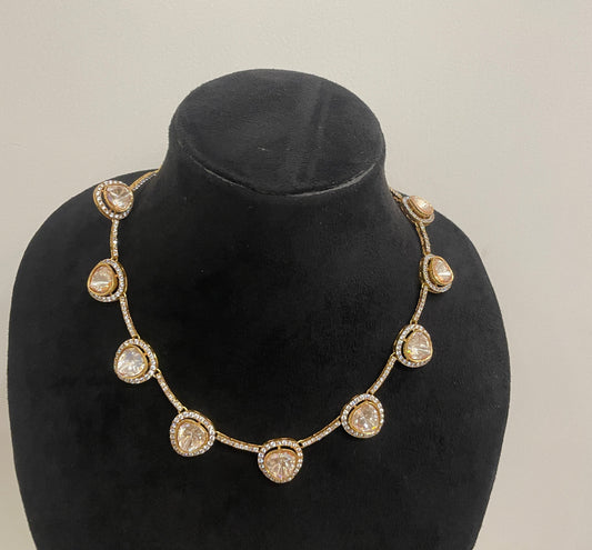 Gold Finished Necklace Set with Polki and Zircon