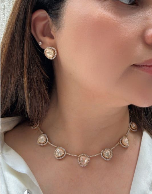 Gold Finished Necklace Set with Polki and Zircon