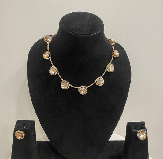Gold Finished Necklace Set with Polki and Zircon