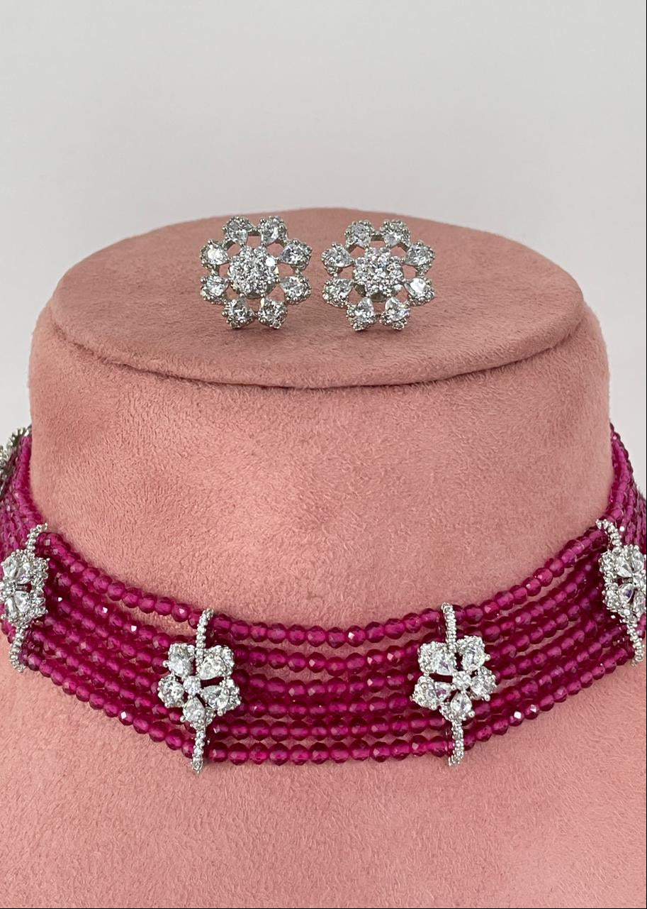 Fuchsia Pink Beaded Zircon Necklace Set