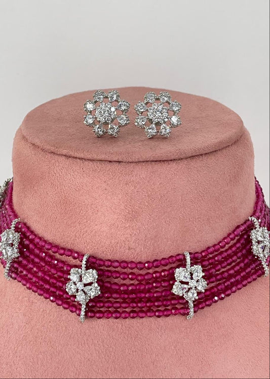 Fuchsia Pink Beaded Zircon Necklace Set