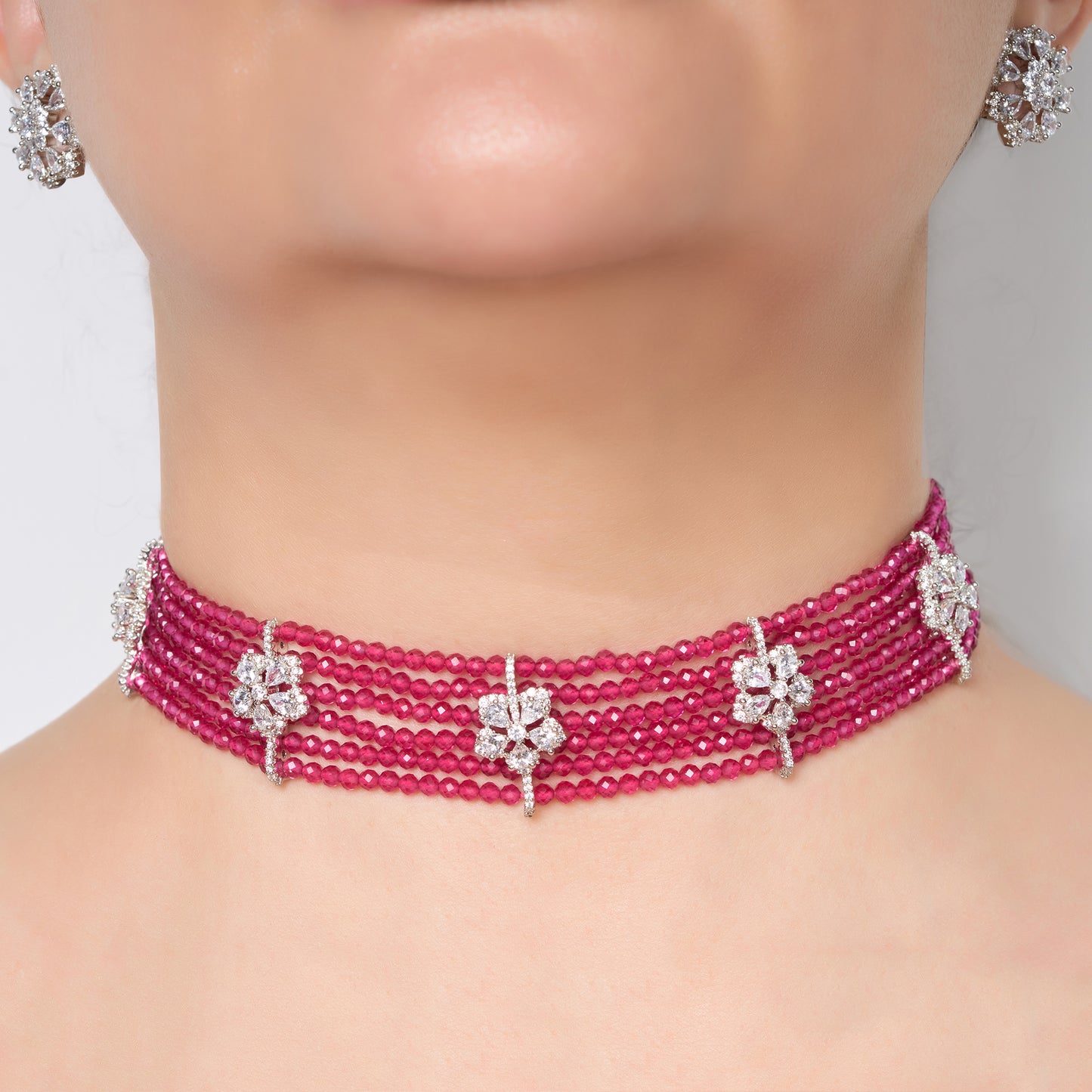 Fuchsia Pink Beaded Zircon Necklace Set