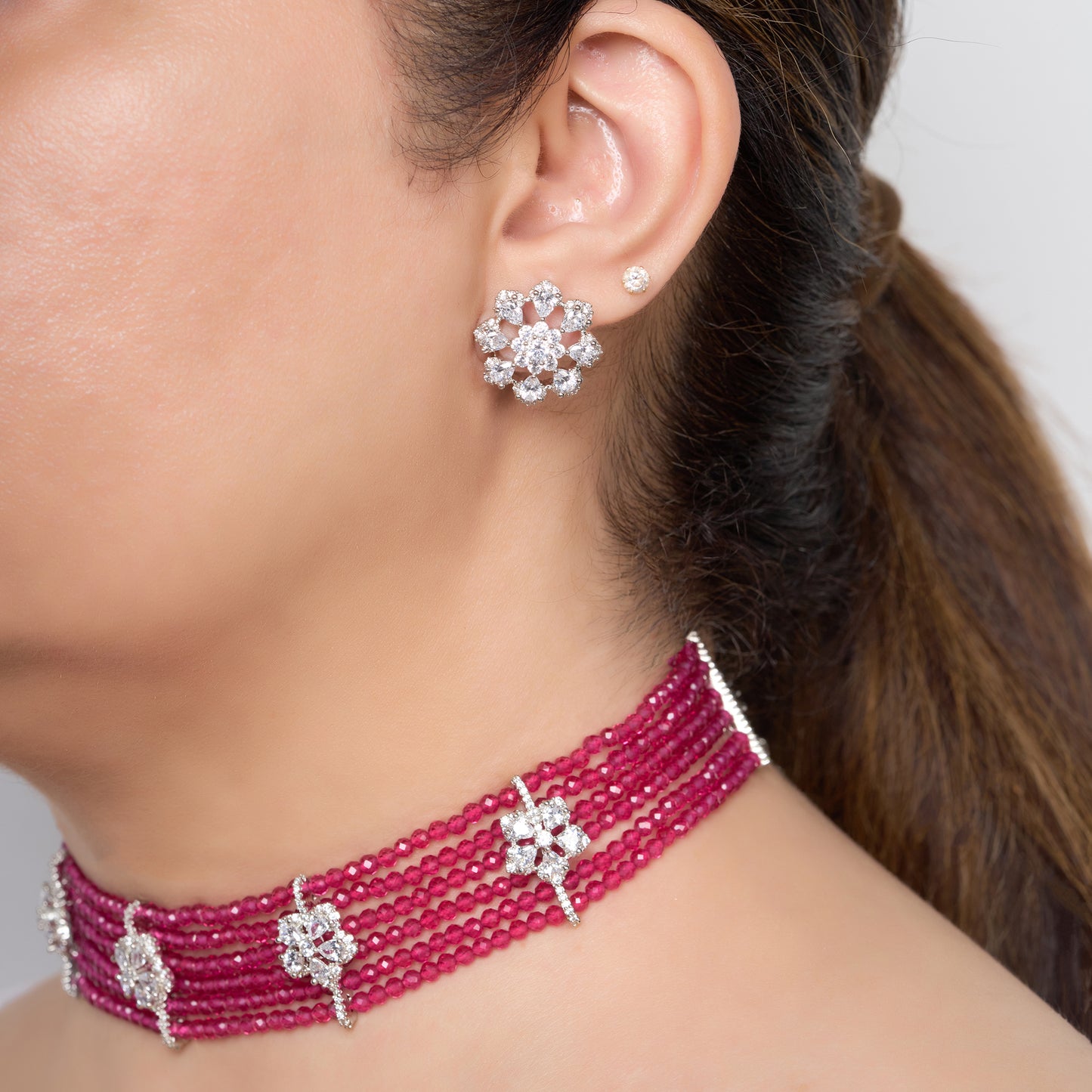 Fuchsia Pink Beaded Zircon Necklace Set