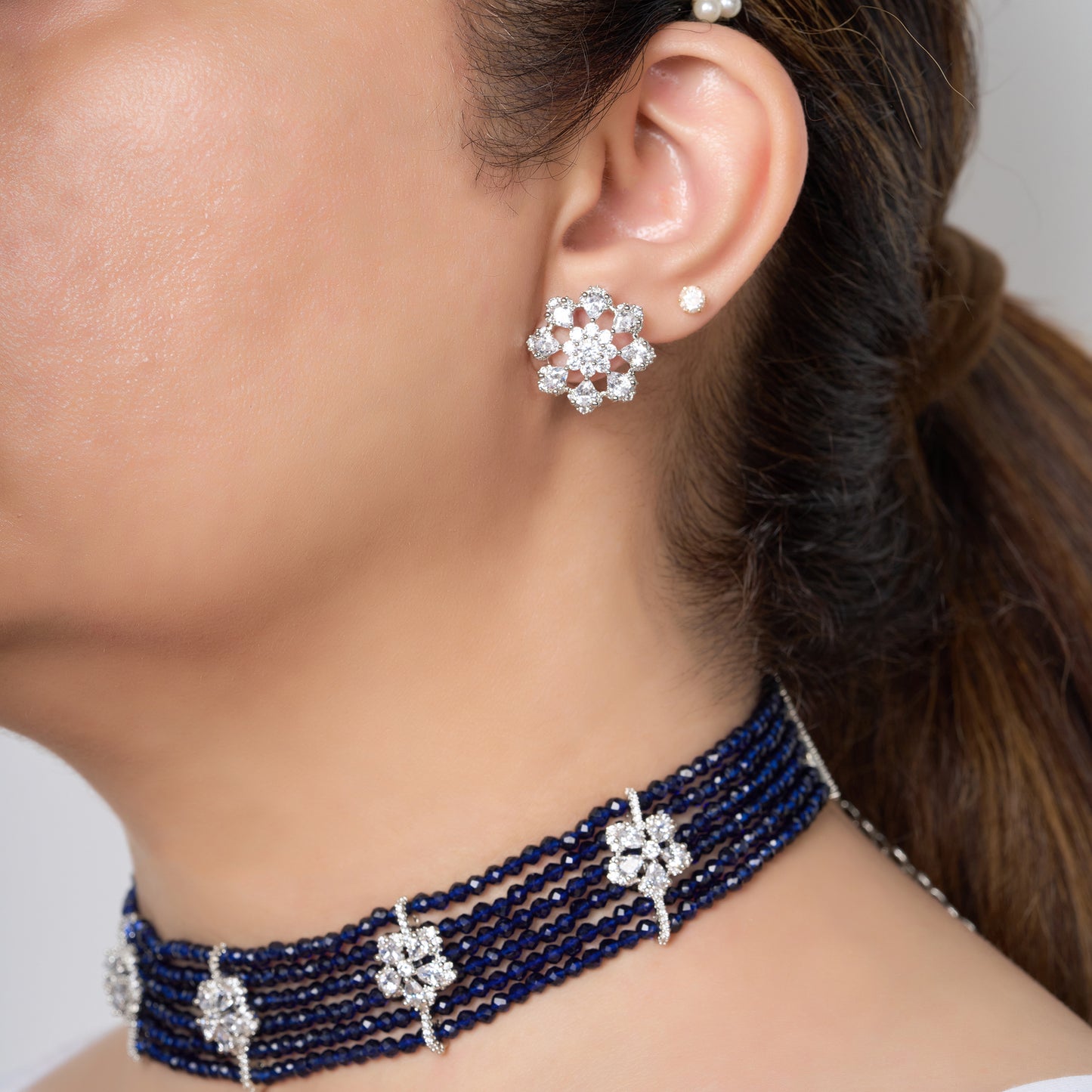 Navy Blue Beaded Zircon Necklace Set