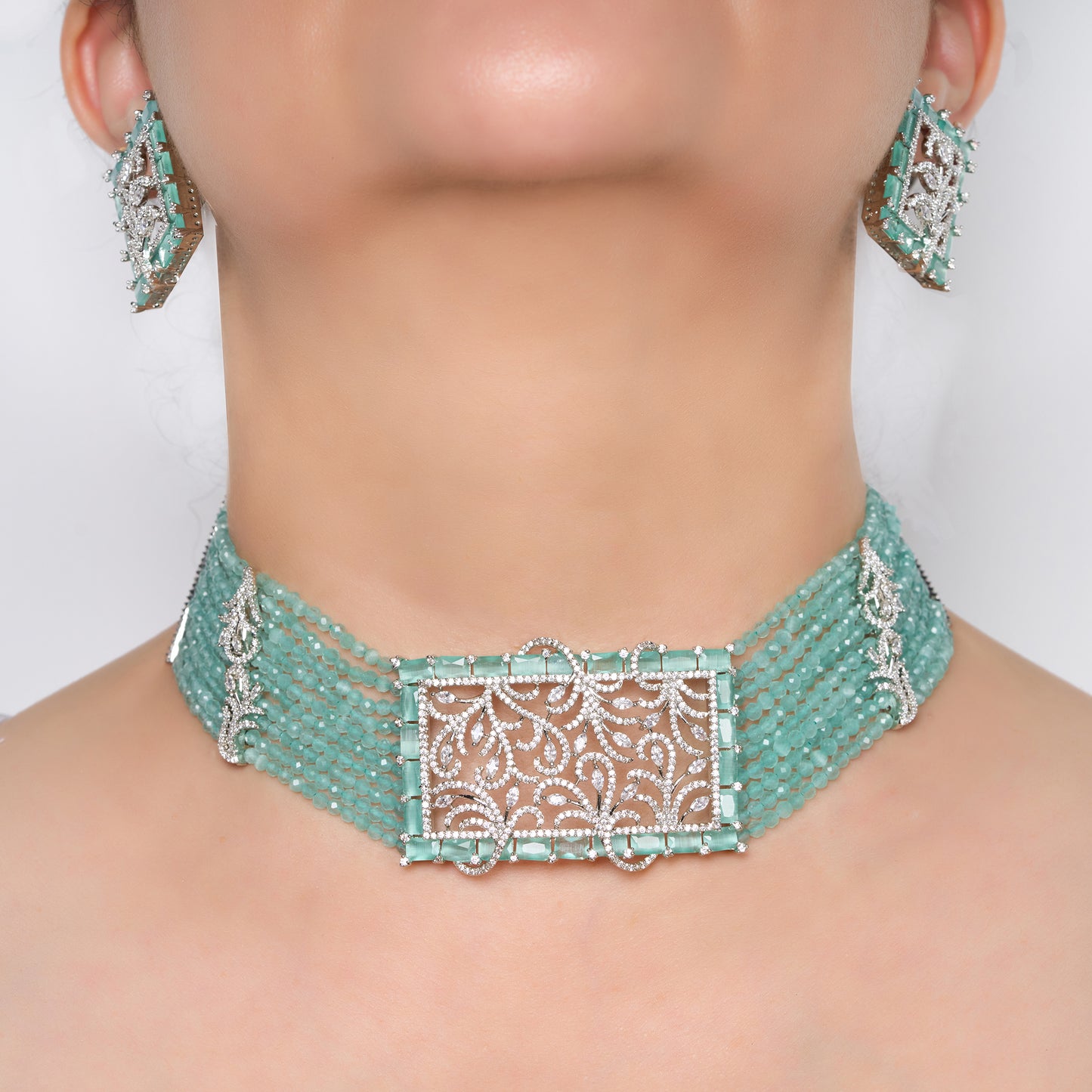 Zircon Choker Necklace Set with Mint Beads