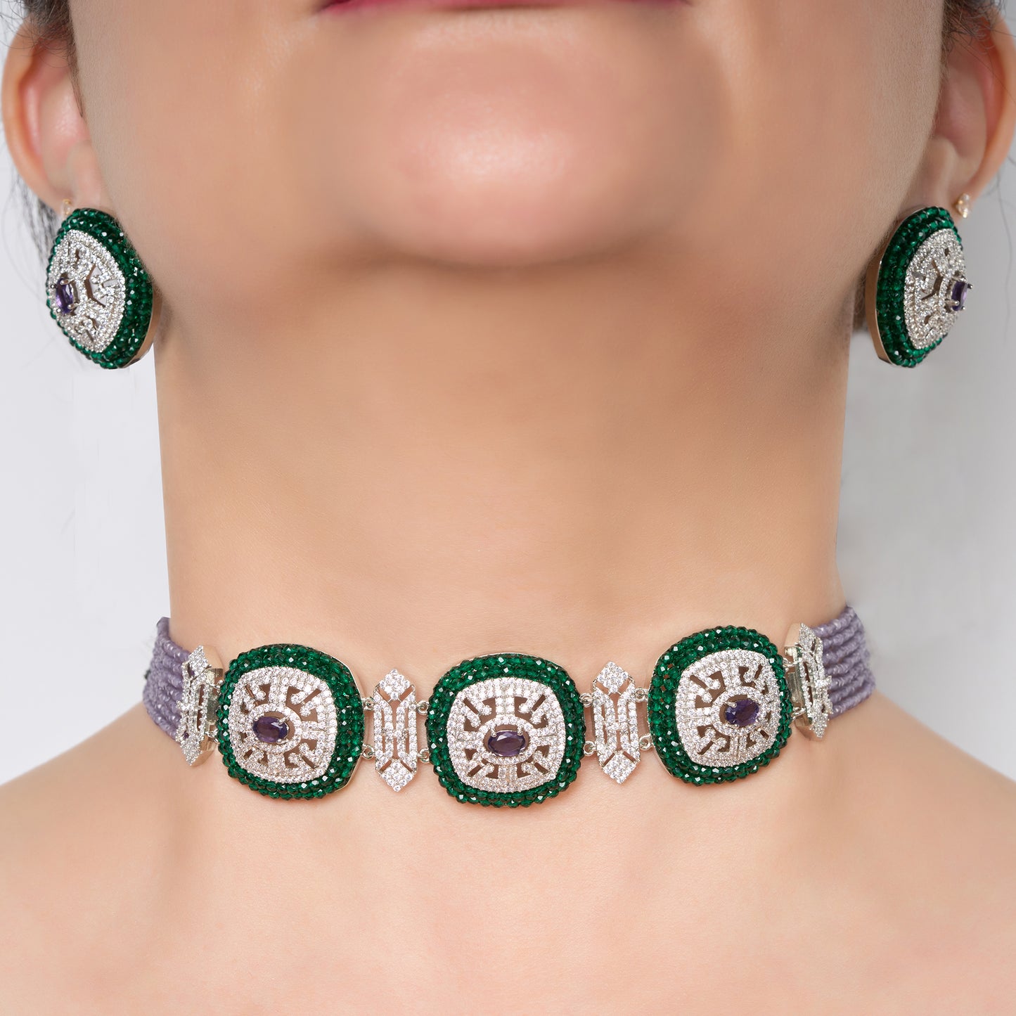 Zircon Choker Necklace Set with Lavender Beads