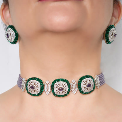 Zircon Choker Necklace Set with Lavender Beads