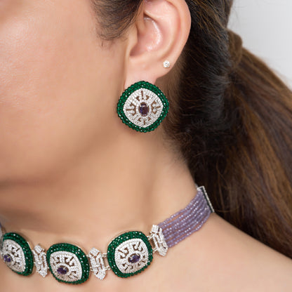 Zircon Choker Necklace Set with Lavender Beads