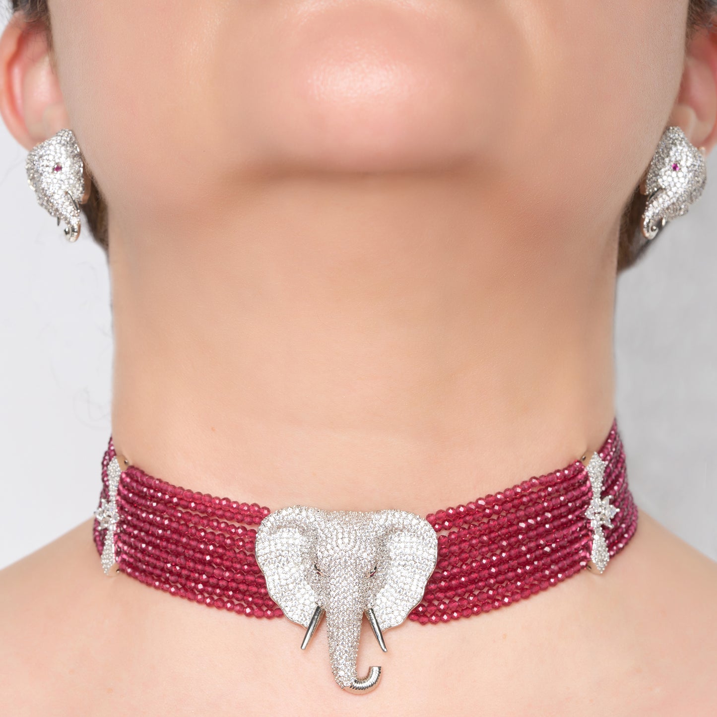 Zircon Elephant Motif Beaded Choker Necklace Set