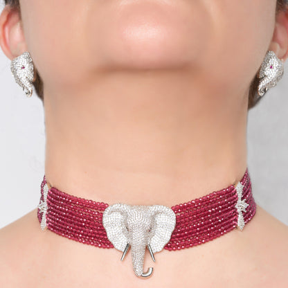 Zircon Elephant Motif Beaded Choker Necklace Set