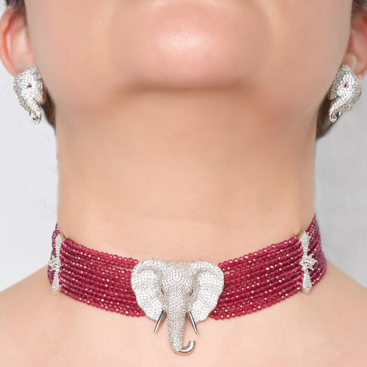 Zircon Elephant Motif Beaded Choker Necklace Set