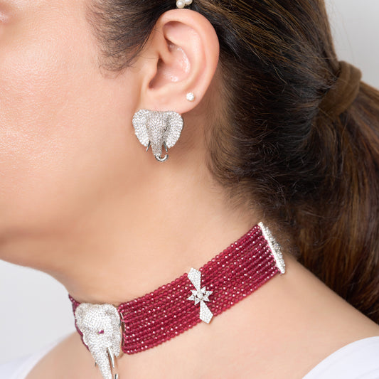 Zircon Elephant Motif Beaded Choker Necklace Set