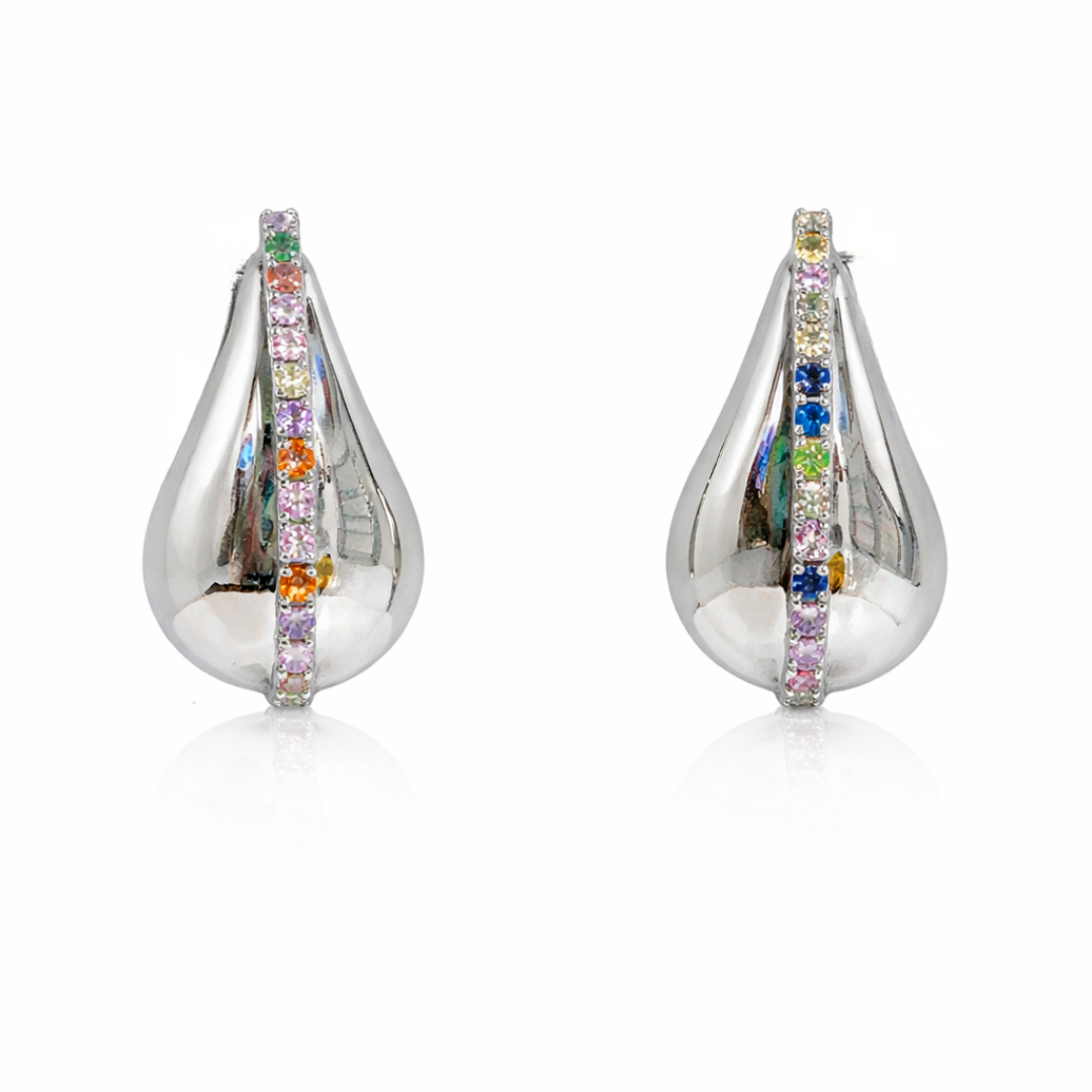 Silver Tear Drop Stud Earrings with Colored Zircon