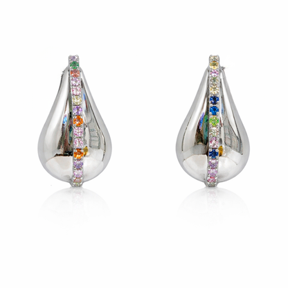 Silver Tear Drop Stud Earrings with Colored Zircon