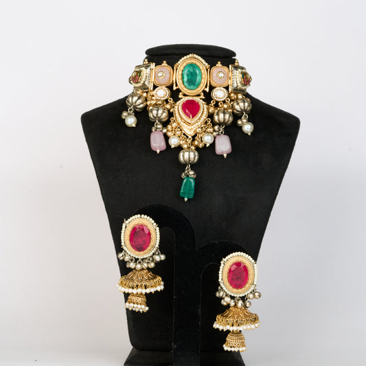 Multi Stone Studded Necklace Set