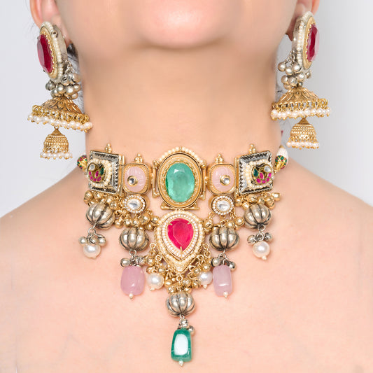 Multi Stone Studded Necklace Set