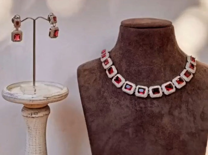 Rectangle Cut Red Synthetic Stone and Zircon Necklace Set