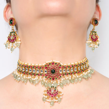 Multi Stone Studded Necklace Set with Jade Beads