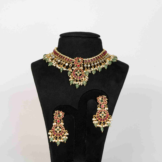 Red Semi Precious Stones and Green Beads Necklace Set