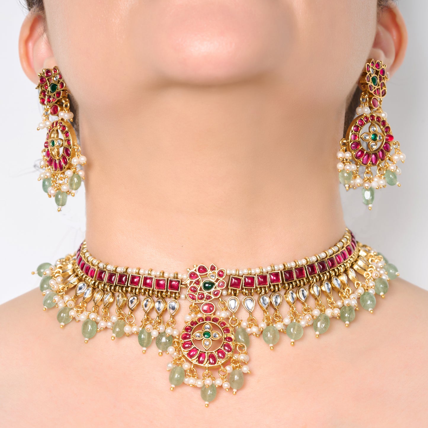 Red Semi Precious Stones and Green Beads Necklace Set