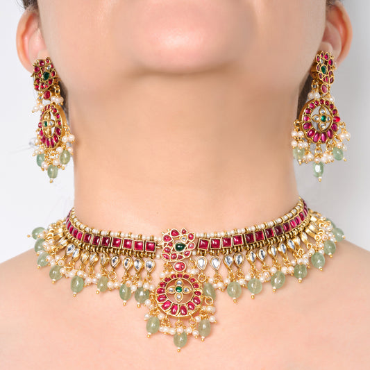 Red Semi Precious Stones and Green Beads Necklace Set