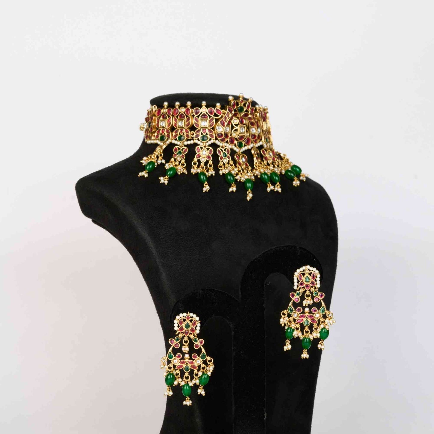 Royal Polki Style Choker Set with Ruby Stones & Green Beads