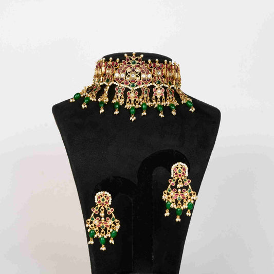 Royal Polki Style Choker Set with Ruby Stones & Green Beads