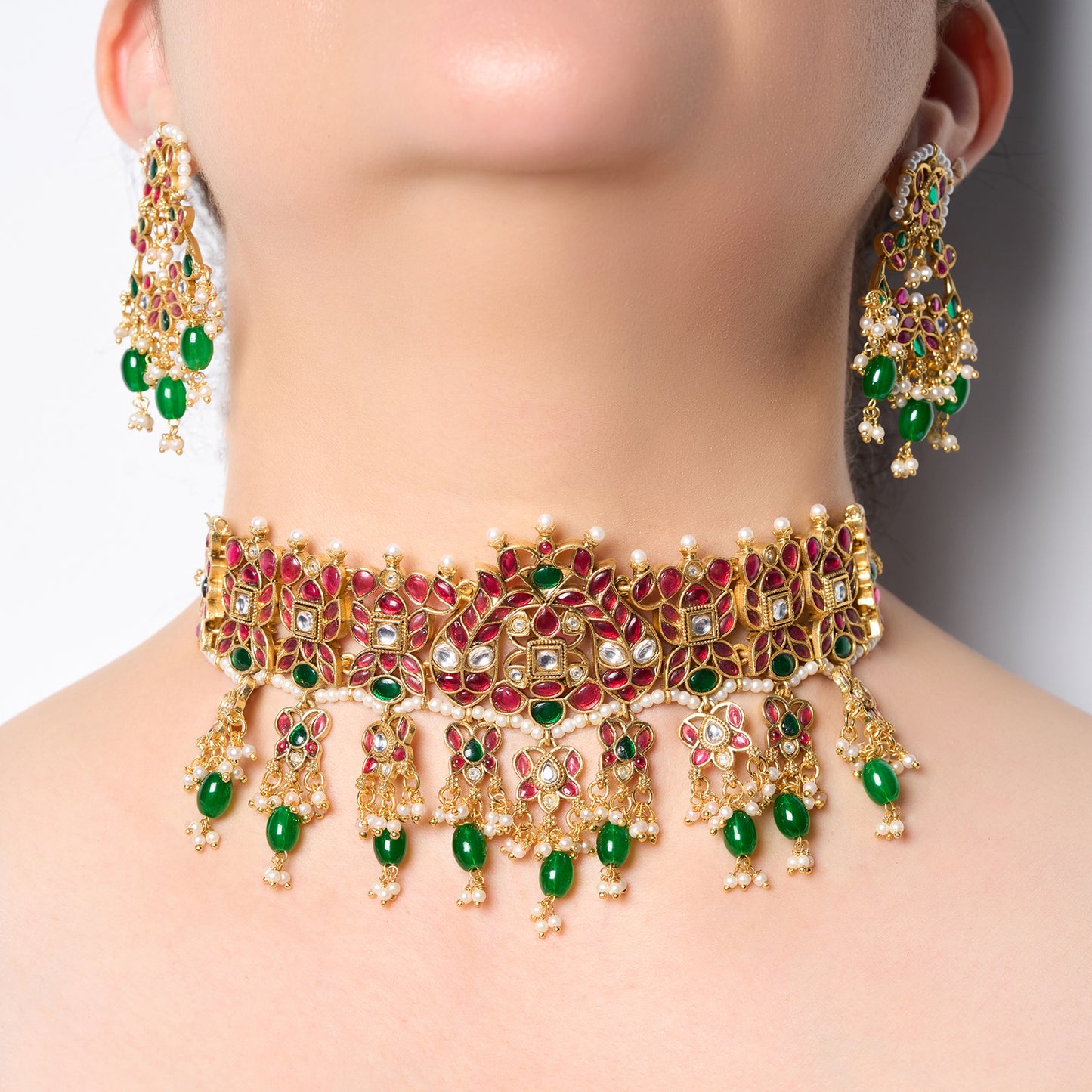 Royal Polki Style Choker Set with Ruby Stones & Green Beads