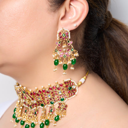 Royal Polki Style Choker Set with Ruby Stones & Green Beads