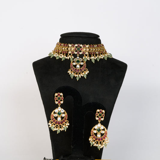 Heritage Kundan Choker Set with Ruby Stones & Mint Green Drops