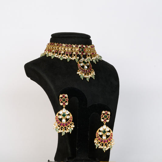 Heritage Kundan Choker Set with Ruby Stones & Mint Green Drops