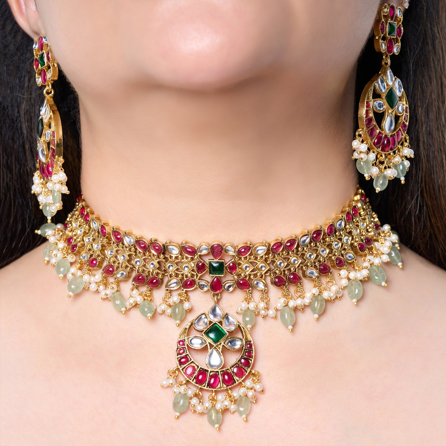 Heritage Kundan Choker Set with Ruby Stones & Mint Green Drops