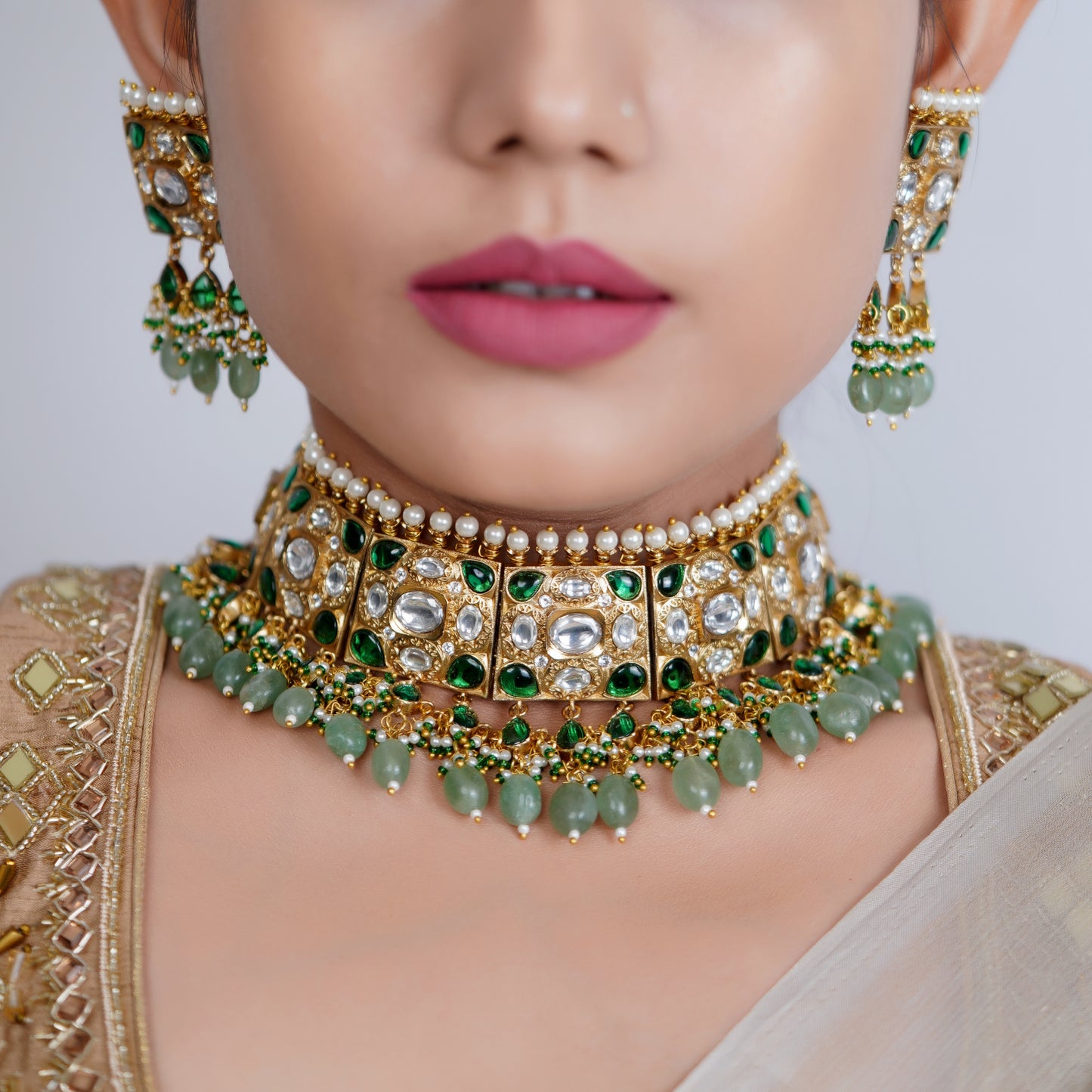 Emerald Green Kundan Polki Bridal Choker Set with Pearl & Jade Drops