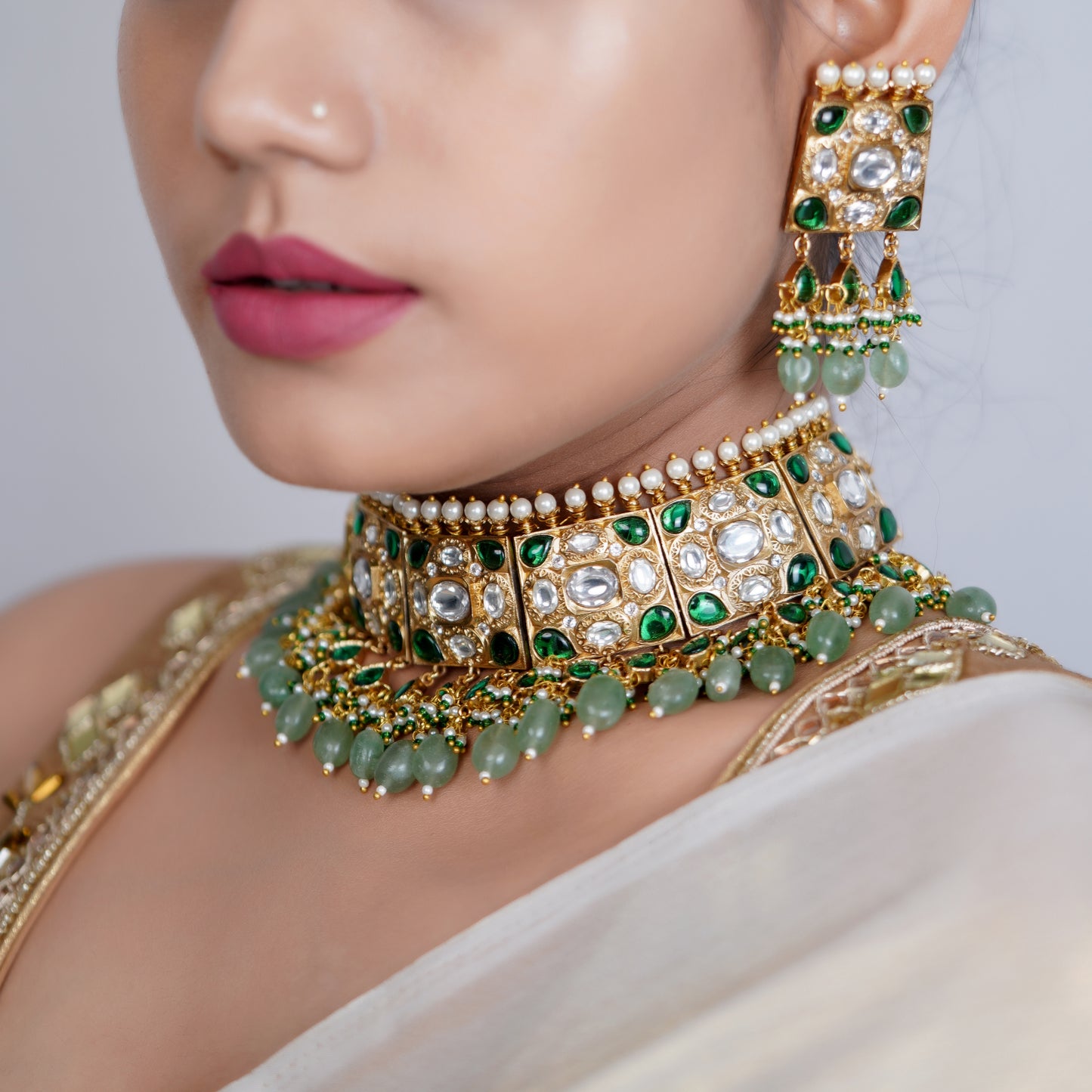 Emerald Green Kundan Polki Bridal Choker Set with Pearl & Jade Drops