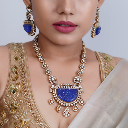 Royal Blue Carved Stone Polki Necklace Set