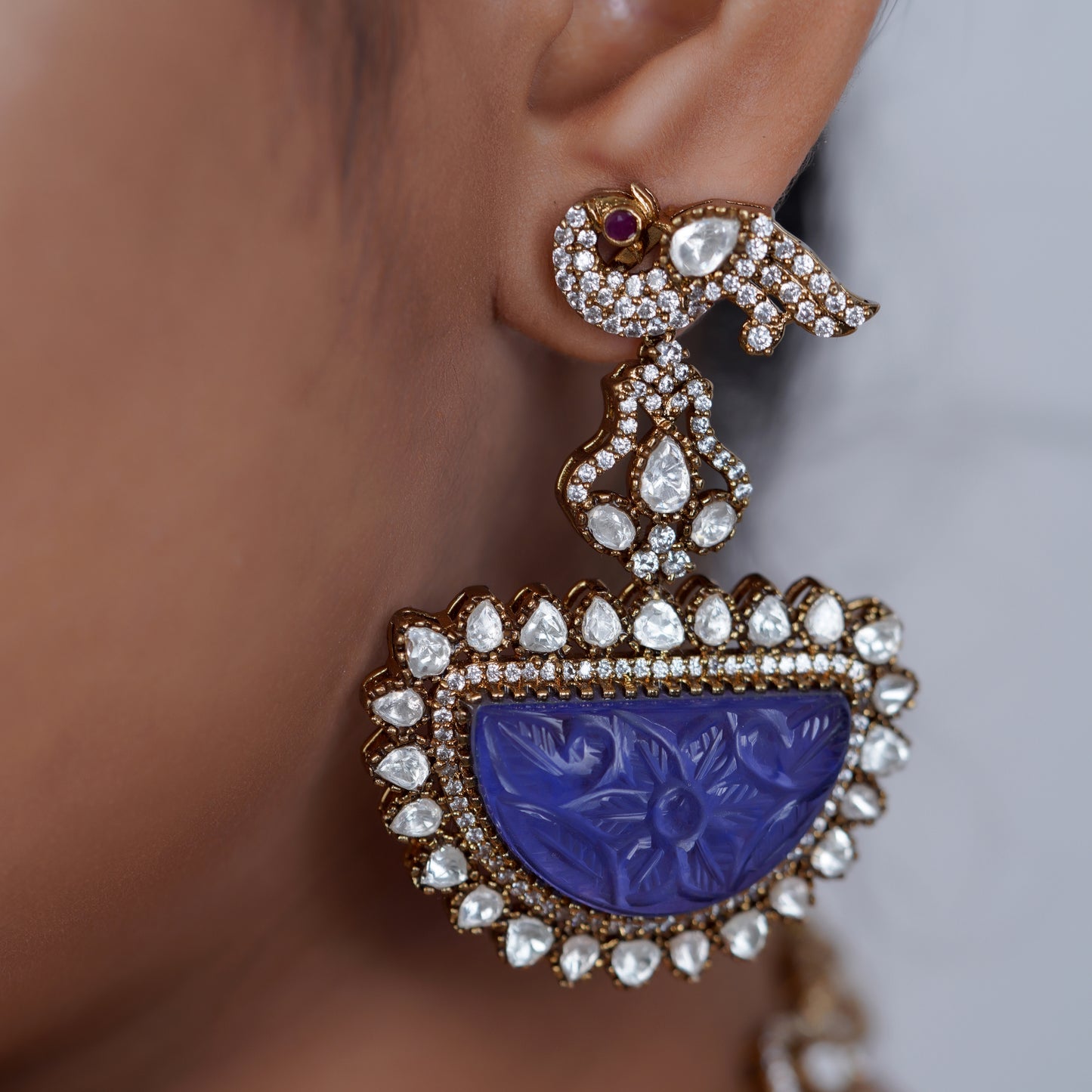 Royal Blue Carved Stone Polki Necklace Set
