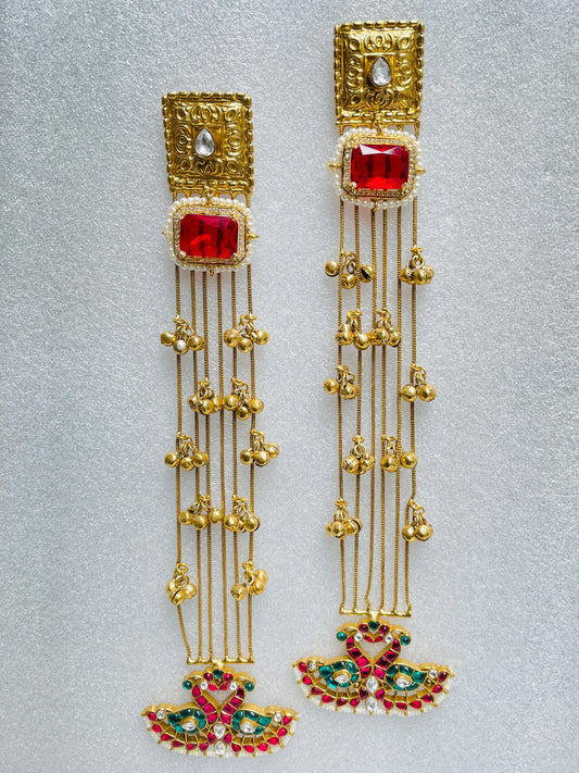 Dancing Peacock Shoulder Duster Earrings in Red