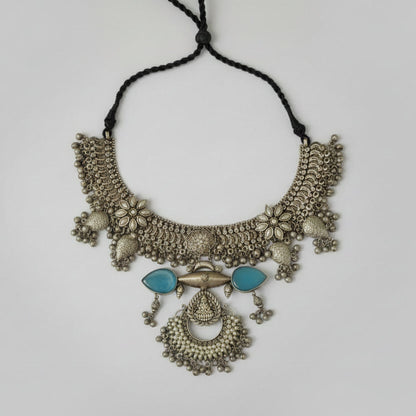 Oxidised Boohoo Necklace with Blue Stone Accents