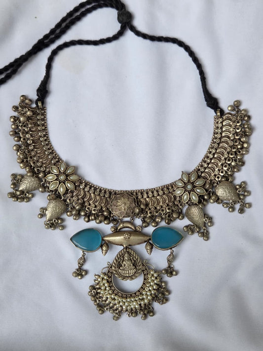 Oxidised Boohoo Necklace with Blue Stone Accents
