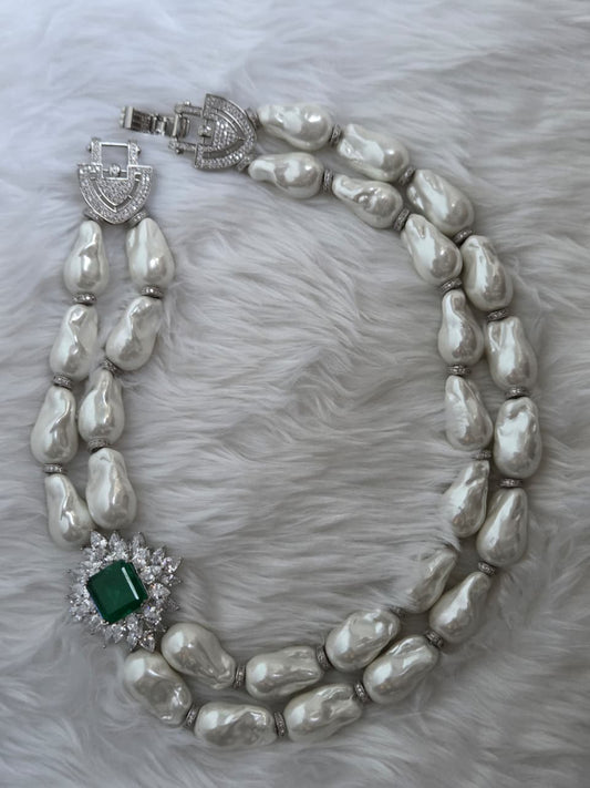 Layered Baroque Pearl Necklace with Green Zircon Accents