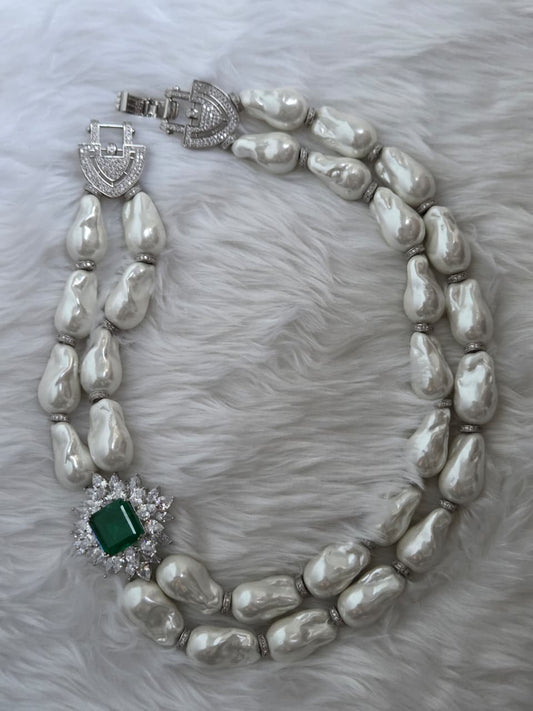 Layered Baroque Pearl Necklace with Green Zircon Accents