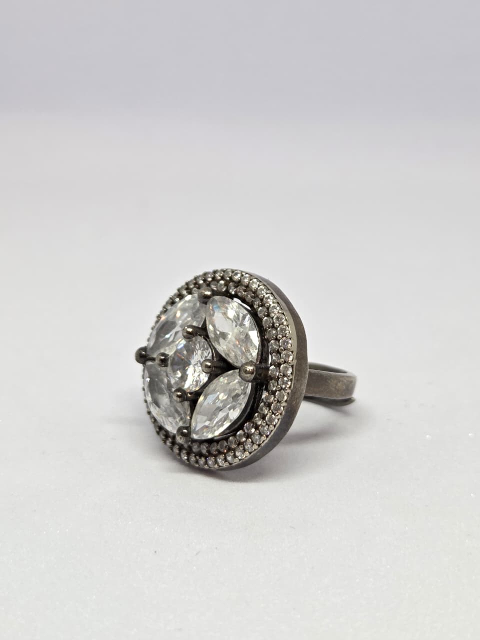 Black Rhodium Finish Flower Zircon Ring