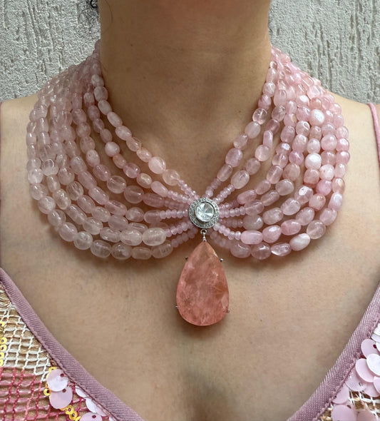 Regal Blush Pink Beaded Necklace Set with Crystal Drop